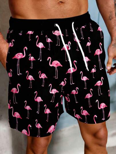 Manfinity Swimmode Shorts de playa casuales con estampado de flamencos para hombres