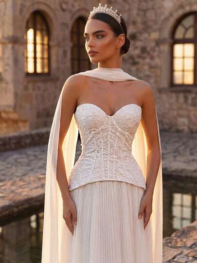 Glamrae Elegant, Luxurious And Minimalist White Strapless Dress With 3D Pearl Beading, Romantic Lace Embroidery, Waist Cutout Design, Voluminous A-Line Skirt With Oversized Pleats, Adjustable Tie Waist, Suitable For All Wedding Events, Bridal Gown