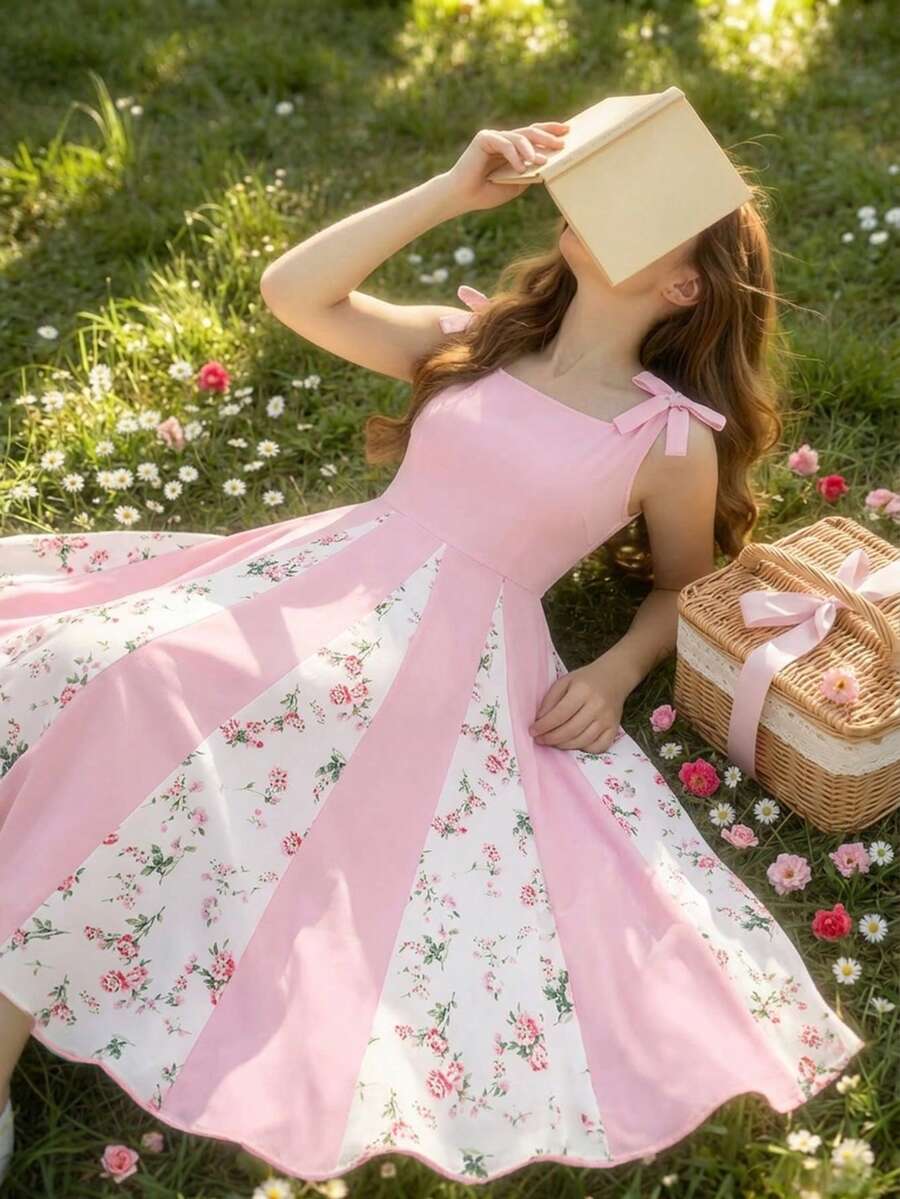 SHEIN Đầm không tay phối vạt chéo họa tiết hoa in kỹ thuật số, khóa kéo, trang trí nơ thanh lịch, phù hợp cho nữ sinh tuổi teen, mùa xuân/hè, mặc thường ngày, đi nghỉ mát, dự tiệc. - Hồng - Xem 1