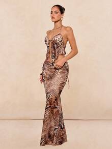 Lumalex Bộ đồ hai mảnh gợi cảm dành cho nữ: áo crop top hở lưng buộc dây phía trước và chân váy đuôi cá, họa tiết da báo, phong cách đi biển/nghỉ dưỡng. - Rỉ Nâu - Xem 14