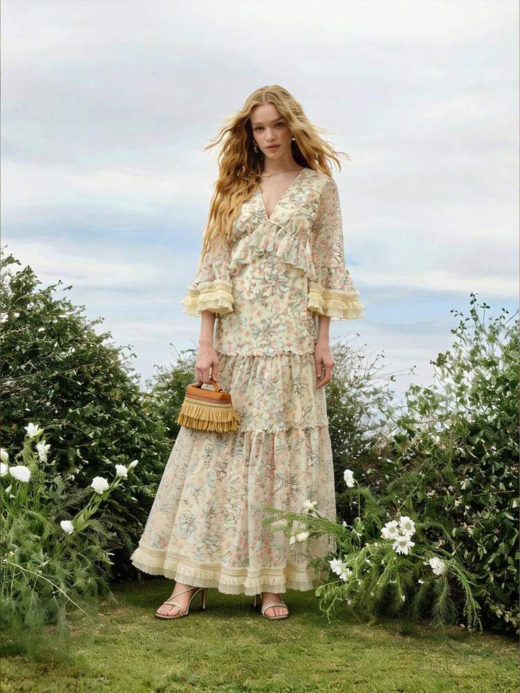 여성 로맨틱 우아한 프린트 롱 드레스, 봄/여름