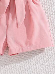SHEIN Genkimix Kids 2件套幼儿女童无袖外套配蝴蝶结腰带和短裤休闲时尚套装，日常穿着，姐妹装（2套单独出售） - 粉色 - 查看 6