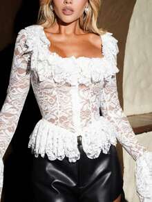 Sandy Gomes Women Summer Vacation Casual Open Front Ruffle Trim Off Shoulder Long Sleeve Sheer White Lace Blouse - White - View 7