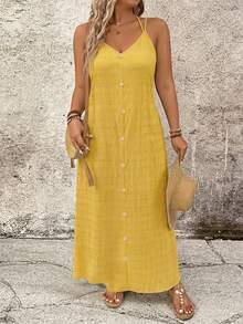 SHEIN LUNE Vestido casual de talla grande de un solo color con tirantes finos - Amarillo - Ver 4
