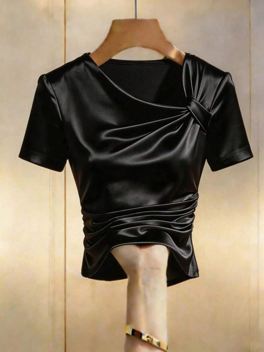 Franclia Áo thun nữ cổ lệch, áo thun nữ dệt kim satin co giãn ôm sát. - màu đen - Xem 1