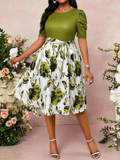 Fleurora Vestido de talla grande con estampado floral elegante y parches, para verano