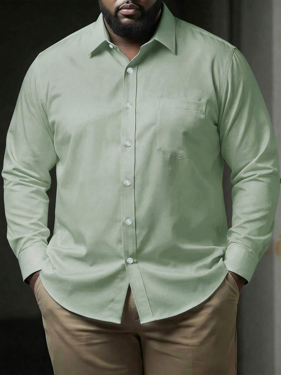 Manfinity Homme Plus Size Men's Business Casual Commuter Daily Simple Solid Color Long Sleeve Shirt , Fall - Green - View 1