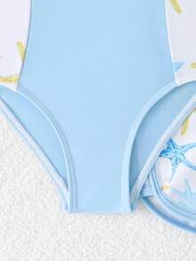 SHEIN Baju Renang Terusan dan Celana Pendek Motif Bintang Laut untuk Anak Perempuan, Pakaian Pantai Anak untuk Musim Panas, Pantai, Liburan, Pesta Kolam Renang, Baju Renang Tankini - Baby Blue - View 5
