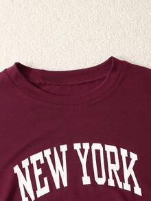 SHEIN 2pcs/Set Teenage Girls Round Neck Printed Waist Cinching Short Sleeve T-Shirt + Casual Wide Leg Pants, Fashionable Casual Style Suitable For Outings, Vacations, School, And Daily Wear - Burgundy - View 6