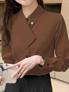 EMERY ROSE 不对称领百搭优雅通勤女式 T 恤 - 咖啡棕 - 查看 4