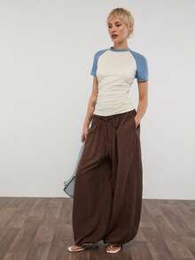 COUREZ Quần ống rộng cạp thấp kiểu dù / Trang phục mùa hè Y2K cho nữ, quần kaki có dây rút, trang phục đi chơi, trang phục lễ hội âm nhạc, trang phục du lịch, trang phục đi xem hòa nhạc, trang phục mùa xuân, quần mùa hè. - Cà phê nâu - Xem 2