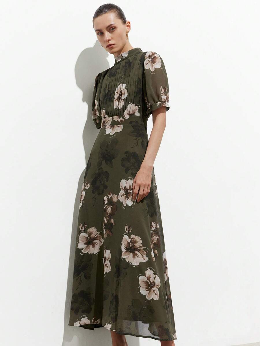 Aveloria Modichic Đầm maxi dài, chất liệu chiffon in họa tiết, dáng chữ A, eo xòe, thiết kế xếp ly organza ở ngực, tay phồng ngắn, cổ đứng, họa tiết hoa lớn, khóa kéo sau lưng ẩn, phong cách cổ điển thanh lịch, đầm thanh lịch cho nữ, đầm hoa cho nữ, đầm xanh cho nữ, đầm dự tiệc cưới cho nữ. - Nhiều màu - Xem 1