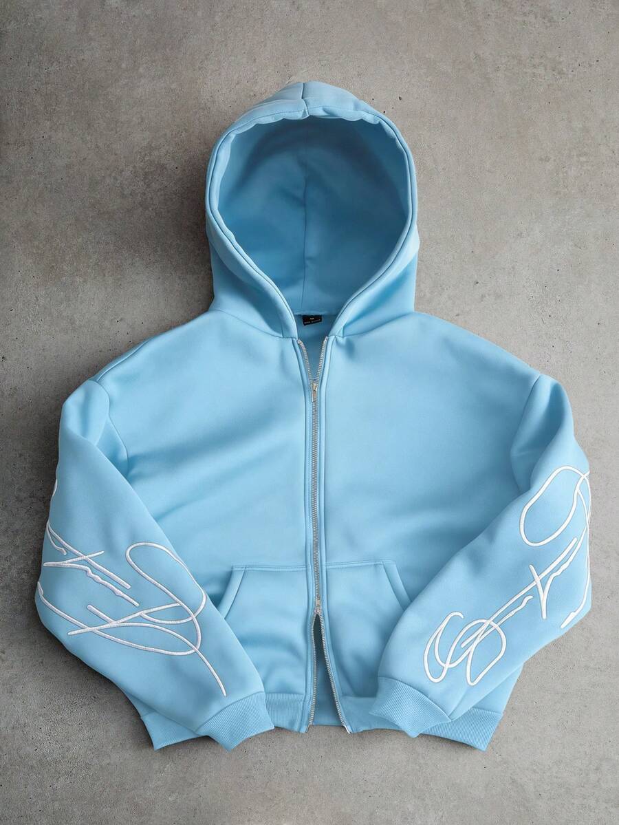 PAVTROS Áo hoodie nam màu trắng, thêu chữ nghệ thuật, khóa kéo kim loại, màu đen. - Màu xanh nhạt - Xem 1