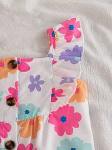 SHEIN Pelele sin mangas con cuello cuadrado, volantes y estampado floral para bebés y niñas pequeñas, adecuado para salidas de primavera/verano, vacaciones y uso diario - Multicolor - Ver 9
