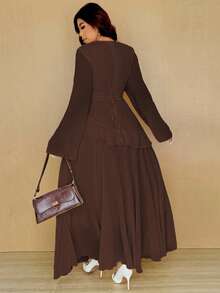 Vionelle Plus Size Solid Color Round Neck Ruffle Hem Elegant Long Sleeve Dress - Brown - View 2