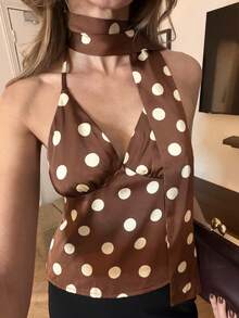 Pariaura Women's Sexy Polka Dot Print Backless Halter Top, Summer - Brown - View 3