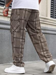 Manfinity Homme Plus Size Men's Fashionable Plaid Print Straight Leg Pants - Khaki - View 2