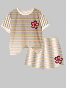 2pcs Dopamine Colorful Striped, Retro Floral Embroidery Print Tween Girls Casual Comfortable Loose Round Neck Short Sleeve T-Shirt And Shorts Set, Suitable For Spring/Summer Daily, Home, Outing, Holiday, Easter - Multicolor - View 3