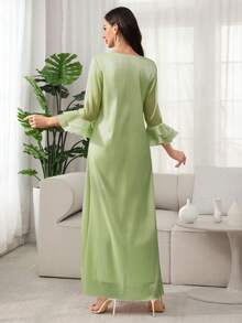 SHEIN Najma Đầm kiểu Ả Rập cổ chữ V đính cườm, tay bồng xếp lớp họa tiết hoa dành cho nữ, thích hợp cho mùa xuân/hè. - màu xanh lá - Xem 2
