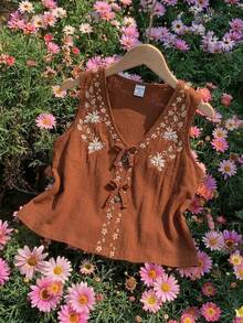 Tween Girls' Spring/Summer Vacation Beach Boho Embroidered Sleeveless Loose Woven Shirt - Brown - View 2