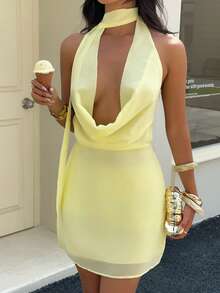 Aloruh 女士优雅露背吊带性感迷你连衣裙，夏季 - 黃色 - 查看 3