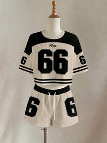 Slaydiva 女士夏季休闲撞色数字印花T恤和短裤两件套 - 彩色 - 查看 3