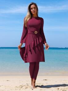 Swim Mulvari Women's New Burgundy Burkini Two Pieces Swimwear, Top Fashionable Maxi Dress Paired With Slim Fit Bottoms, Modest Beach Party Swimwear Set - Burgundy - View 5