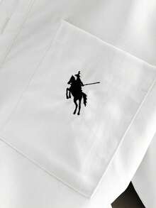 de mujer de unicolor, ajuste holgado, cuello en V, manga larga, con diseño bordado de caballero - Blanco - Ver 4