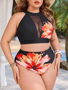 Swim Lushoire 2026新款加大码女式花卉印花网纱拼接泳装套装 - 黑色 - 查看 3
