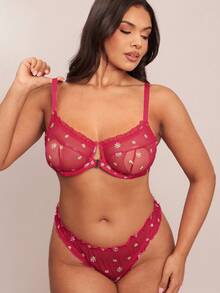 SHEIN BAE 2 件大码浪漫刺绣钢丝性感内衣套装，提拉 - 玫紅色 - 查看 7