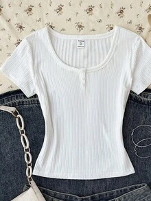 Blusa de manga corta con cuello redondo, botones y tejido acanalado blanco, de ajuste ceñido, para adolescentes, nueva para el verano - Blanco - Ver 1