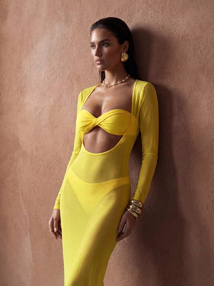Women's Fashion Summer Vacation Twist Front Bandeau Bikini Set With Cover Up Dress
