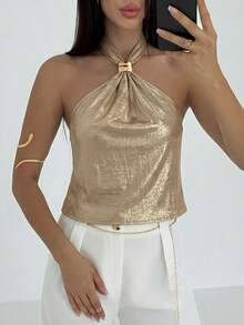 Aloruh Women's Sexy Fashionable Metallic Fabric Backless Tie-Up Halter Top For Summer Summer Summer Outfits Summer Clothes Beach Outfits For Woman  Beach Vacation Vacation Outfits Woman Boho  Tropical Vacation Woman Clothe Y2k Clothes 2000s Style Y2K Top Y2K Tops - Gold - View 4