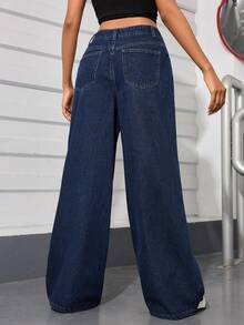 SHEIN PETITE Quần jeans ống rộng, giặt mài, phong cách thường ngày - Rửa tối - Xem 2