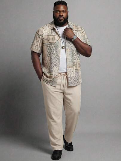 KRYTIVO Plus Size Men's All-Over Print Short Sleeve Shirt And Shorts Suit For Summer Holiday Khaki