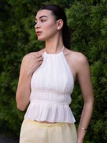 Andrea Bello 女士打褶饅頭領系腰後開背背心 - 米色 - 查看 3