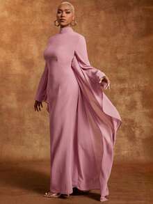 Vixey Đầm maxi dài tay cánh dơi cổ cao bằng vải chiffon màu nâu - Bụi hồng - Xem 4