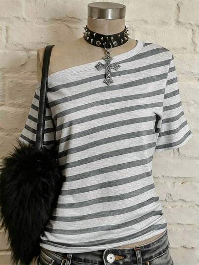 Glimmora 女士不对称肩部条纹深色Y2K风格上衣，适合日常聚会