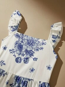 SHEIN Đầm chữ A cổ vuông, tay loe và viền bèo nhún cho bé gái tuổi teen, thích hợp cho kỳ nghỉ hè. - Xanh và trắng - Xem 5