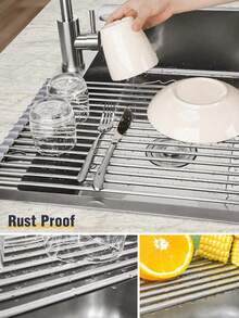 1PC Stainless Steel Expandable Dish Drying Rack Over The Sink Dish Drying Drain Sheet, Color Black And Grey With Adjustable ArmsFunctional Kitchen Sink Color Black Organizer For Vegetable Fruit Cookware Set For Kitchen Bathroom New Year Chirsmas Gift - Multicolor - View 9