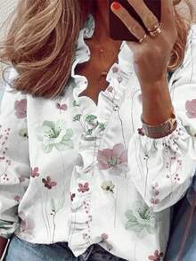 EMERY ROSE Women's Long Sleeve Floral Print Frill Trim Long Shirt - Multicolor - View 3
