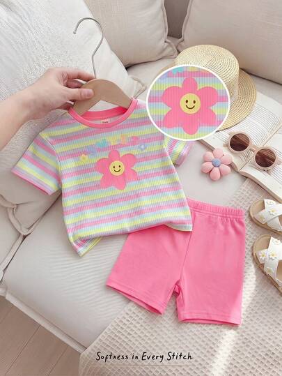 Cozy Pixies 2pcs Baby Girl Floral Print Knit Soft Round Neck Short Sleeve Top And Elastic Waist Shorts Set