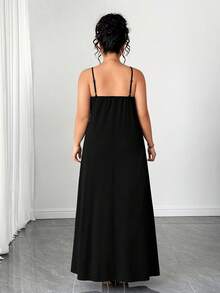 Elenzga Spring/Summer New V-Neck Casual Sleeveless Patchwork Lace Dress, Plus Size - Black - View 2