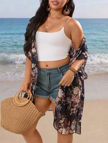 EMERY ROSE Fashionable Casual Vacation Floral Print Chiffon Lightweight Cardigan Sunscreen Shirt - Navy Blue - View 4