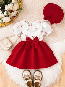 Souflis Souflis 2pcs/Set Baby Girls' Sweet Cute Lace Peter Pan Collar Short Sleeve Bow Dress & Hat Set, Suitable For Summer, Vacation & Party - Red and White - View 1