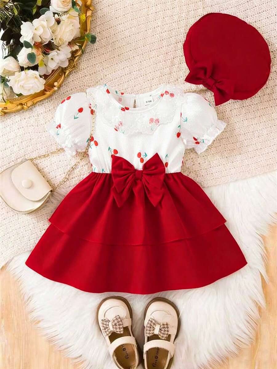 Souflis Souflis 2pcs/Set Baby Girls' Sweet Cute Lace Peter Pan Collar Short Sleeve Bow Dress & Hat Set, Suitable For Summer, Vacation & Party - Red and White - View 1