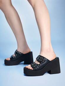 Sugerpunk 女士高跟凉鞋~ 夏季欧美新款柳条钉扣时尚厚底外穿半拖鞋深色PU凉鞋 - 黑色 - 查看 5