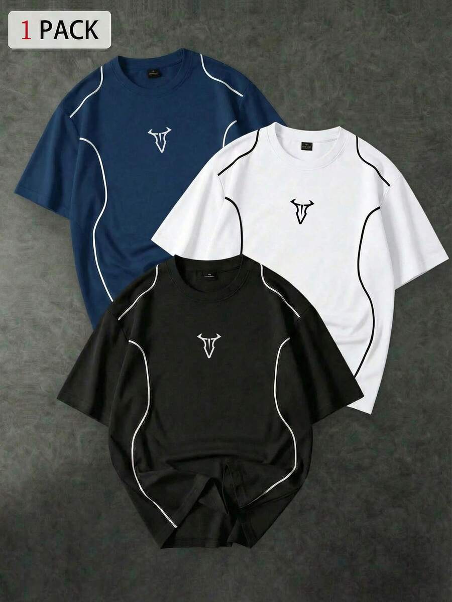 Sport MetroGents 1件男士休闲印花撞色滚边短袖运动T恤，夏季 - 黑色 - 查看 1
