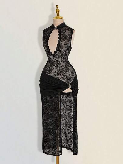 Sweetina Women's Lace Collar Hollow Out Sexy Party Dress