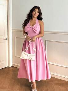 Vionelle 大码女士优雅度假V领系腰带飘逸连衣裙 - 粉色 - 查看 5